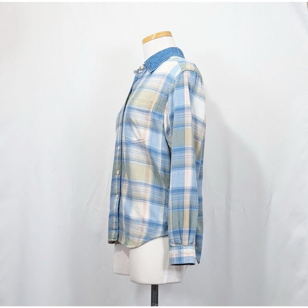 Vintage 90s Blouse Blue Pink Green Flannel Plaid Denim Collar Size Petite Small - Picture 3 of 7